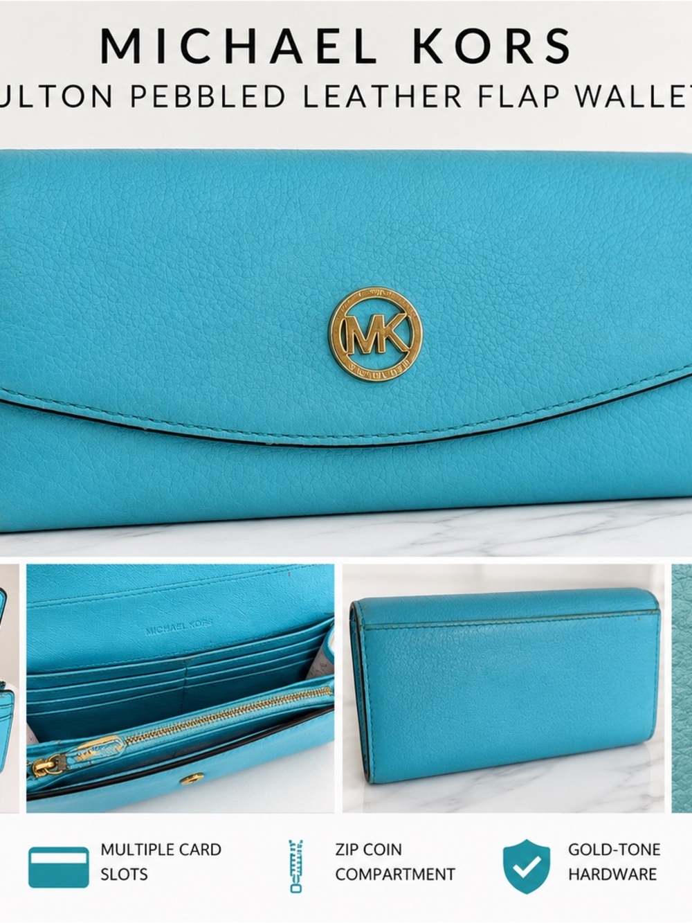 Michael Kors Turquoise Pebbled Leather Flap Wallet with Gold MK Emblem Limited